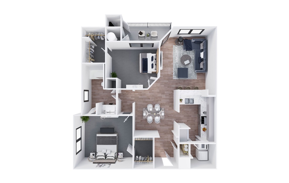 B1 - 2 bedroom floorplan layout with 1 bath and 964 square feet. (3D)