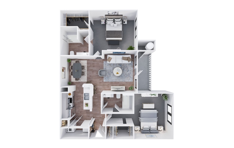 B2 - 2 bedroom floorplan layout with 2 baths and 1054 square feet. (3D) B2 - 2 bedroom floorplan layout with 2 baths and 1054 square feet. (3D)