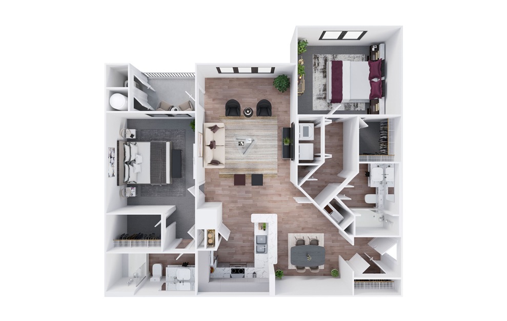 B3 - 2 bedroom floorplan layout with 2 baths and 1134 square feet. (3D)