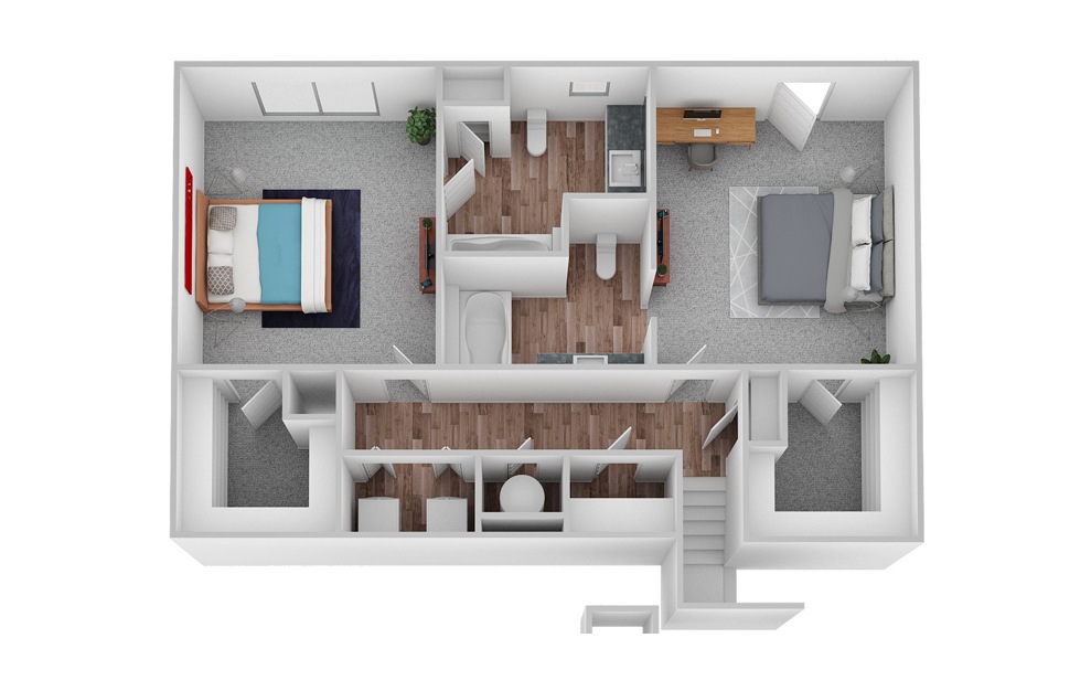 B4 - 2 bedroom floorplan layout with 2 baths and 1491 square feet. (Floor 2 / 3D)