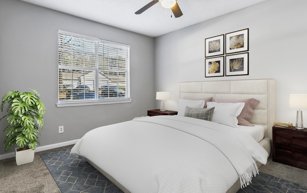 Bedroom with natural lighting and high ceilings