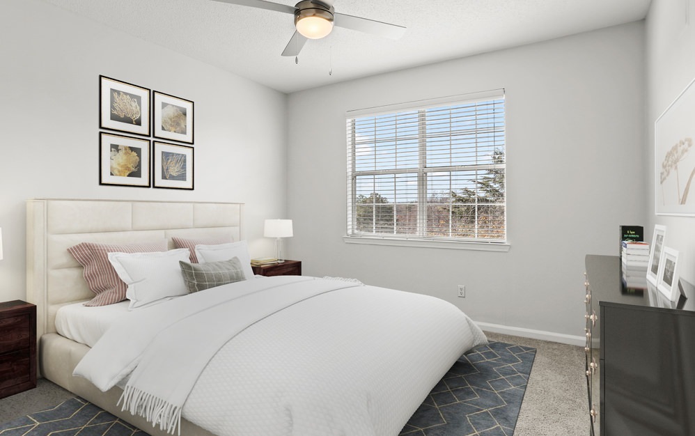 Bedroom with natural lighting and high ceilings