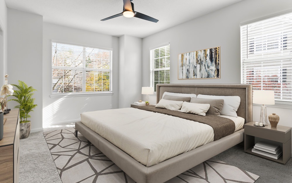 Bedroom with natural lighting and high ceilings