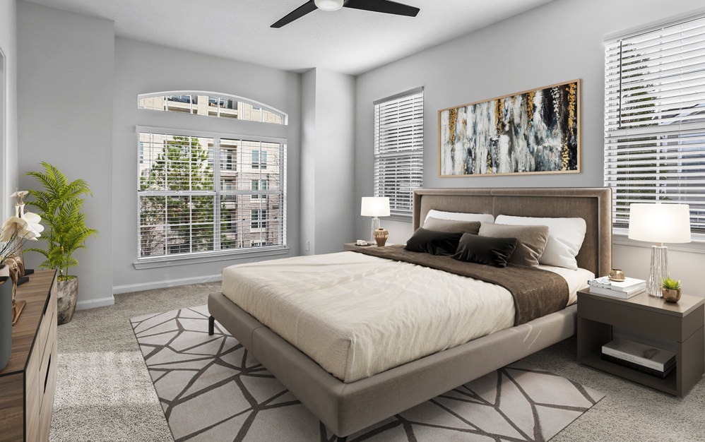 Bedroom with natural lighting and high ceilings