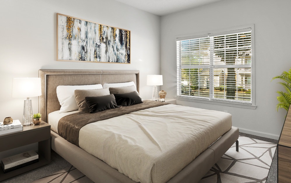 Bedroom with natural lighting and high ceilings