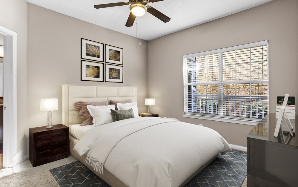 Bedroom with natural lighting and high ceilings